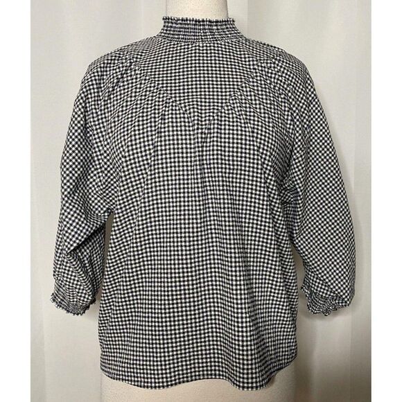 Zara Basic Black & White Gingham Check Pullover Top Sz S Smocked Detail - Picture 1 of 4